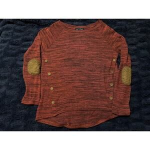 Sweet Wanderer Women’s Small Rust Sweater Elbow Patch Button Detail Hi Low EUC